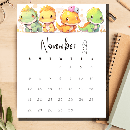 High-resolution digital download of November 2023 calendar, 8.5x11 inches in size, with playful dinosaurs for engaging kids.