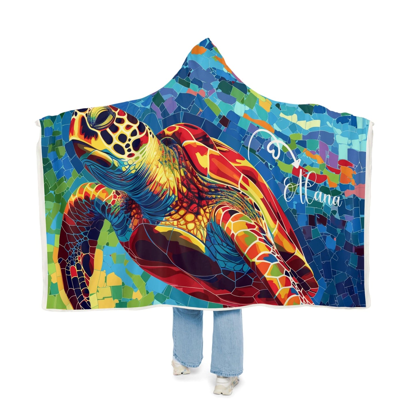 Fleece Soft Hooded Blanket Sea Turtle (203 x 140 cm) with Custom Name - Oversized Wearable Blanket for Women