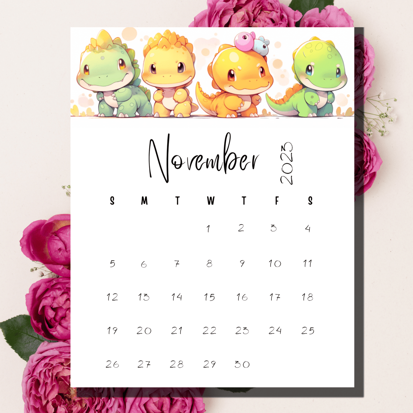 Instantly downloadable A4-sized calendar for November 2023 adorned with cute dino characters, perfect for children's activities.