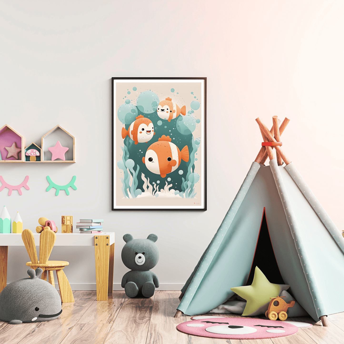 children's playroom decorated with a poster of clown fish on wall