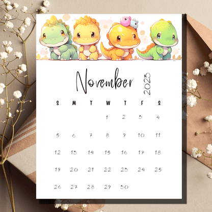 November 2023 printable calendar featuring vibrant dinosaur illustrations, designed for kids' planning and organization.