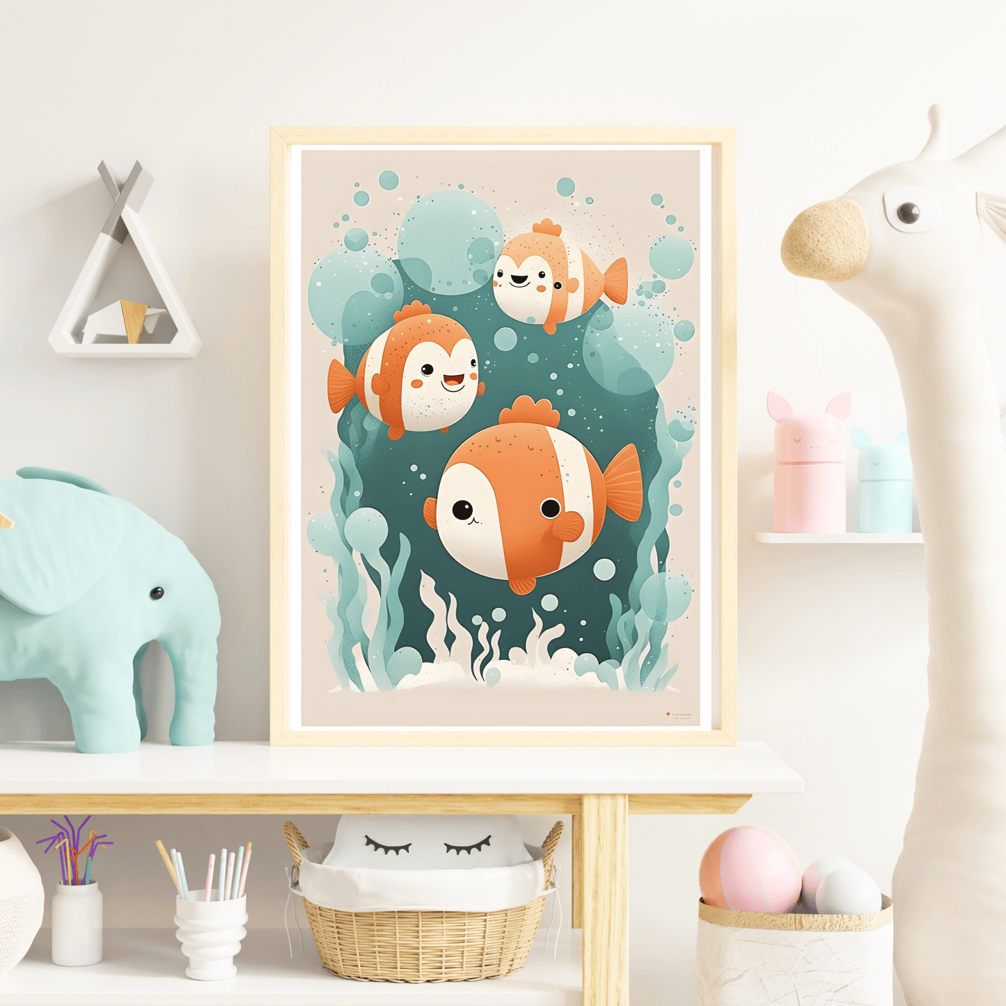 kids play room decorated with a clown fish poster surrounded by stuff toys