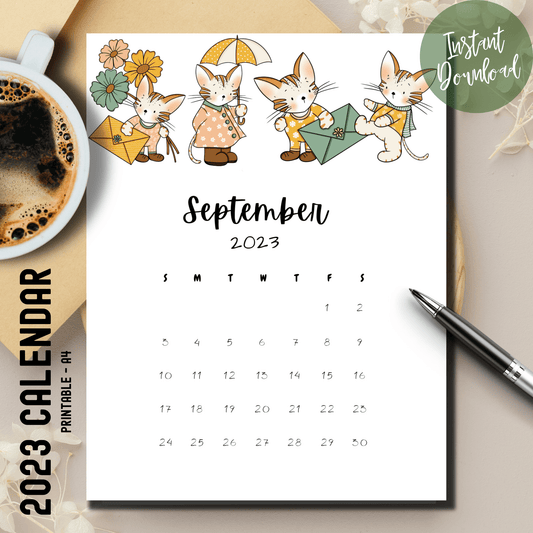 ree September 2023 calendar with adorable cat illustrations, starting on Sunday, designed for A4 paper.