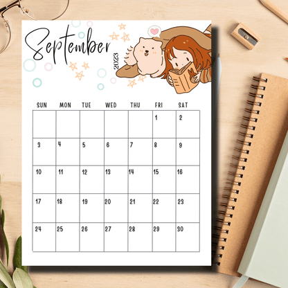 High-resolution digital file of a September 2023 calendar with chibi characters, ideal for both printing and digital planning for kids