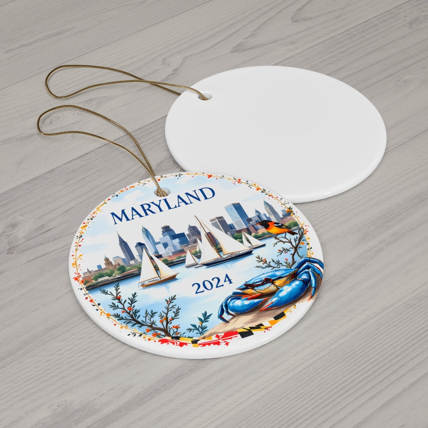 2024 Orange Blue MARYLAND State Ceramic Bauble - Unique Artist-Designed Circle Bauble (3mm) | Unique Artist-Designed Gift for Christmas, Home Decor, Collectors & Travel Enthusiasts