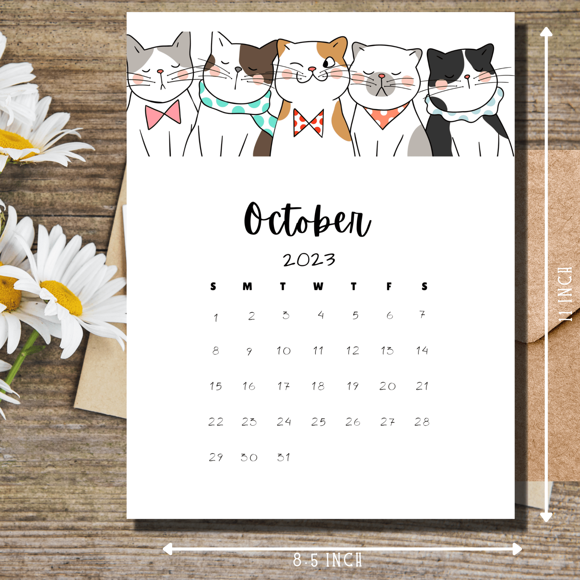 Instantly downloadable A4-sized October 2023 calendar featuring a charming cat theme, perfect for monthly planning.