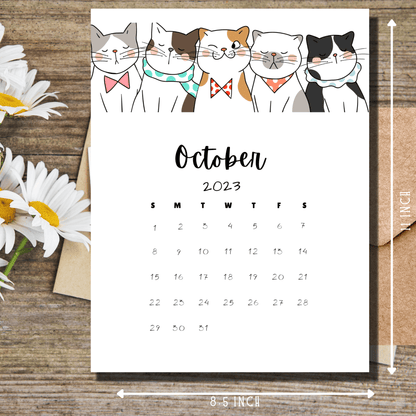 Instantly downloadable A4-sized October 2023 calendar featuring a charming cat theme, perfect for monthly planning.