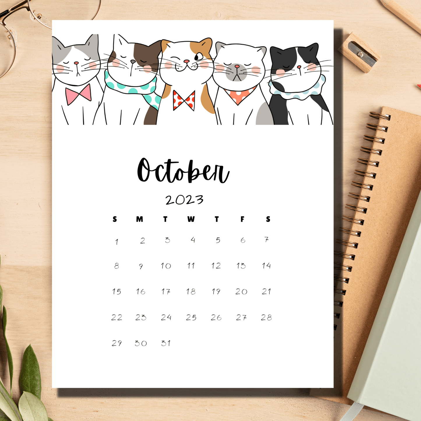 October 2023 calendar in PDF format, embellished with playful cats and starting on Sunday, suitable for easy week planning.