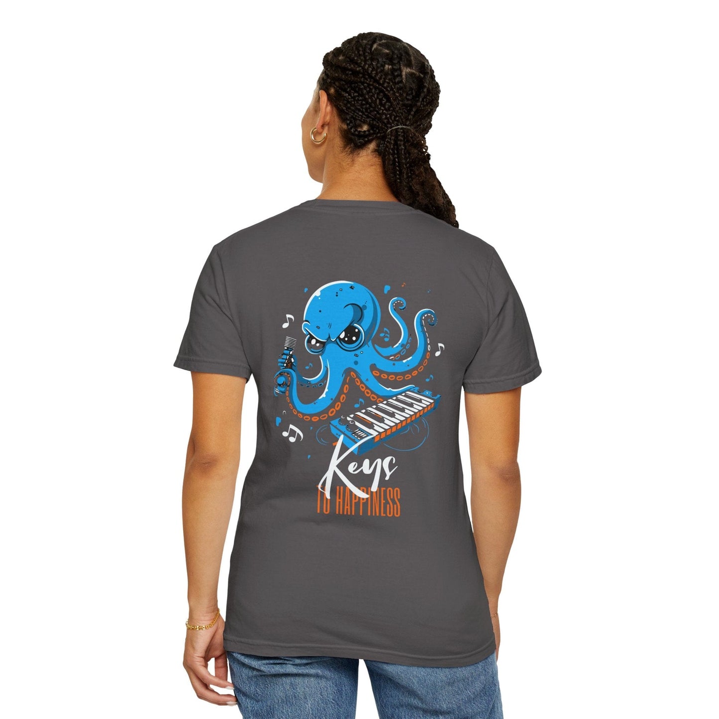 Keys to Happiness Oversized Funny Octopus Graphic Tee Back Print Unisex - Black/Graphite, Gift for Paino Lover