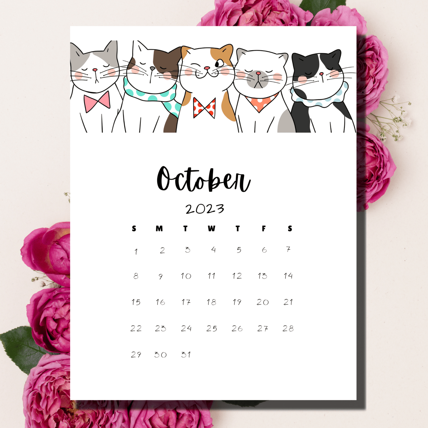 A4-sized free Printable October 2023 calendar decorated with adorable cat artwork, available for both digital and print use.