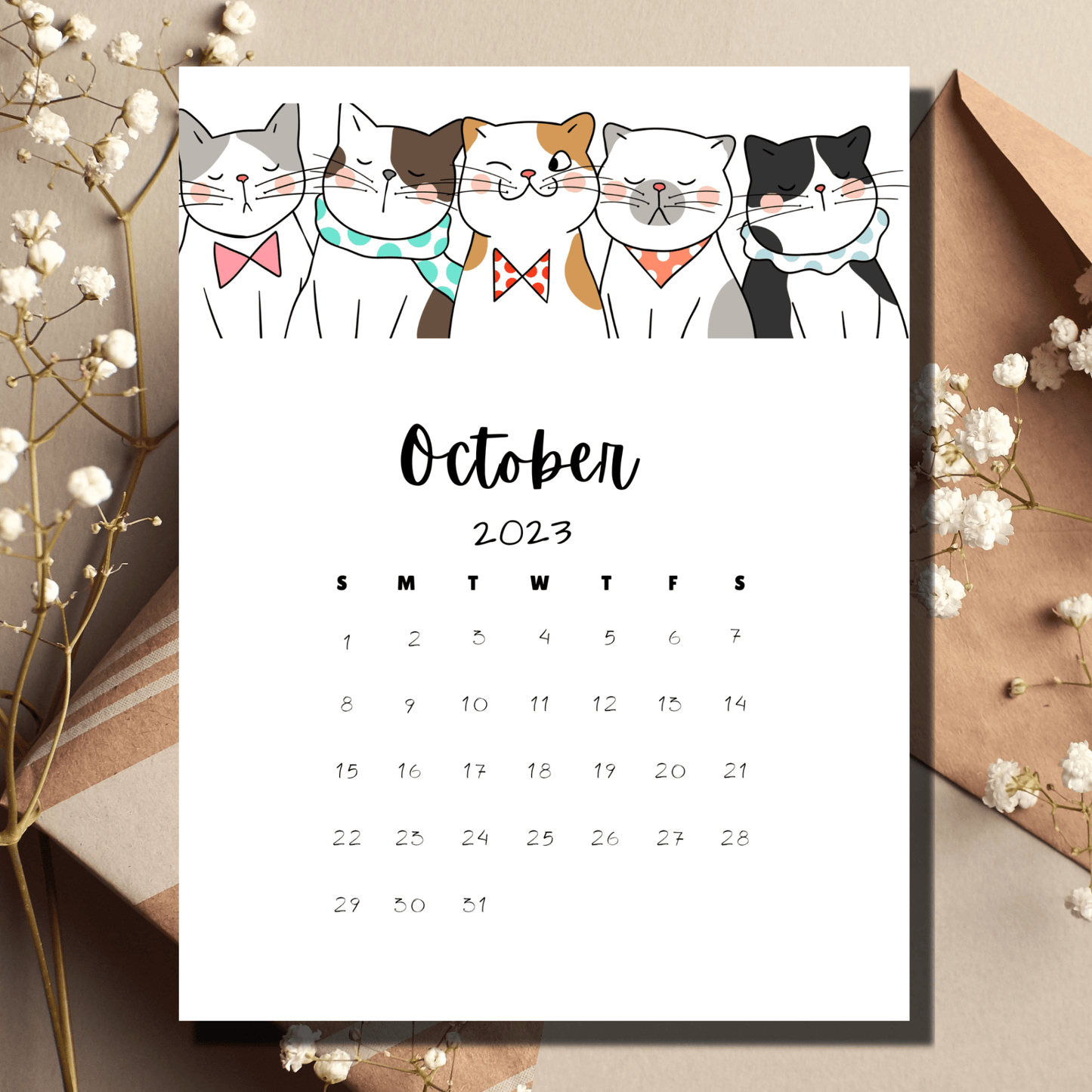 High-resolution PDF of an October 2023 calendar with delightful cat designs, optimized for A4 size and offering a monthly view starting on Sunda