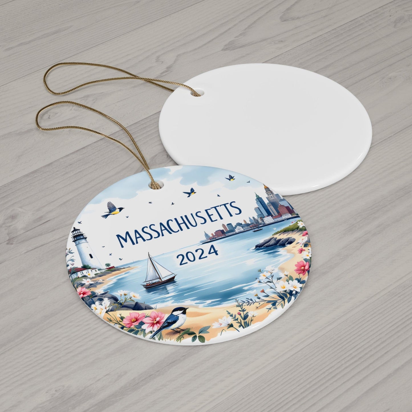 2024 MASSACHUSETTS State Ornament - Blue White Ceramic Circle Bauble (3mm) | Unique Artist-Designed Gift for Christmas, Home Decor, Collectors & Travel Enthusiasts