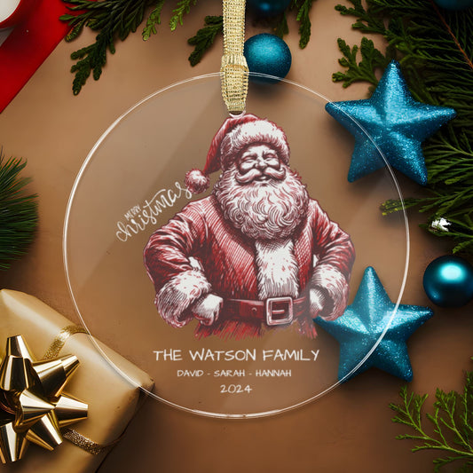 Red White Customized Custom Family 2024 Clear Acrylic Ornament with 3 Names for Christmas Featuring Laughing Santa (3.5inch) - Circle Shape | Our First Christmas Gift for Family, Friends, Coworkers, Employees