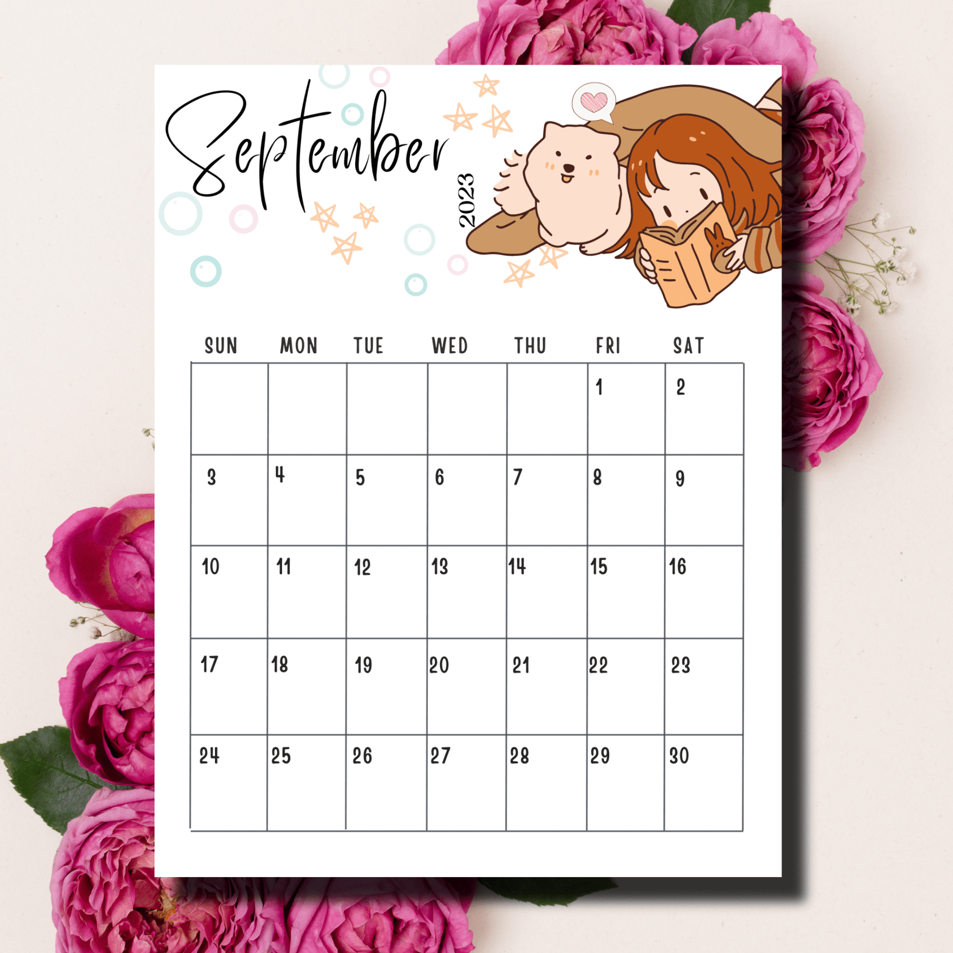 Blank September 2023 calendar in A4 size, adorned with cute chibi characters, designed to engage kids in planning and organization.