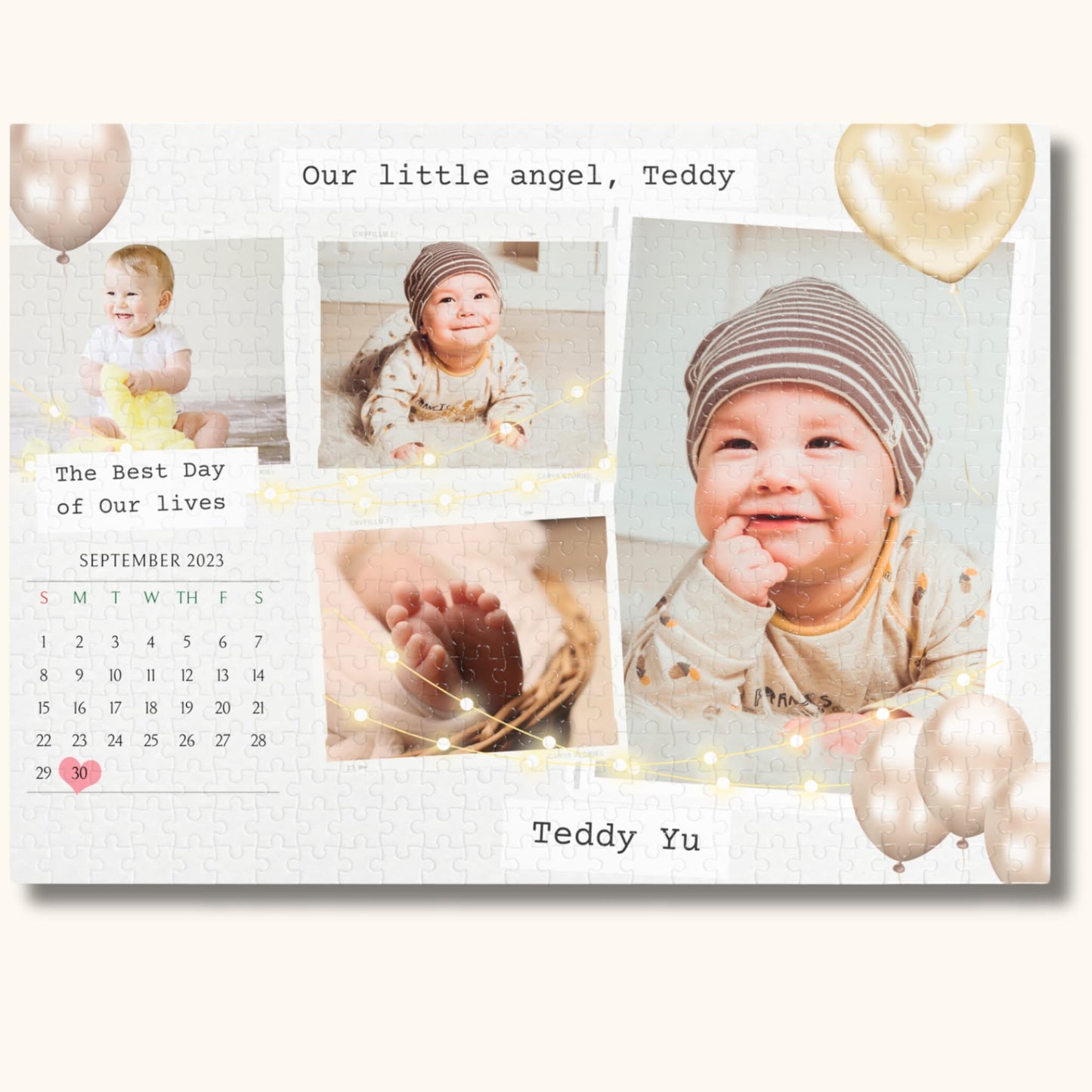 500 pieces of a custom newborn jigsaw puzzle on a beige background.