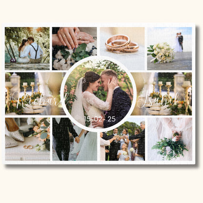 500-piece custom wedding jigsaw puzzle on a beige background.