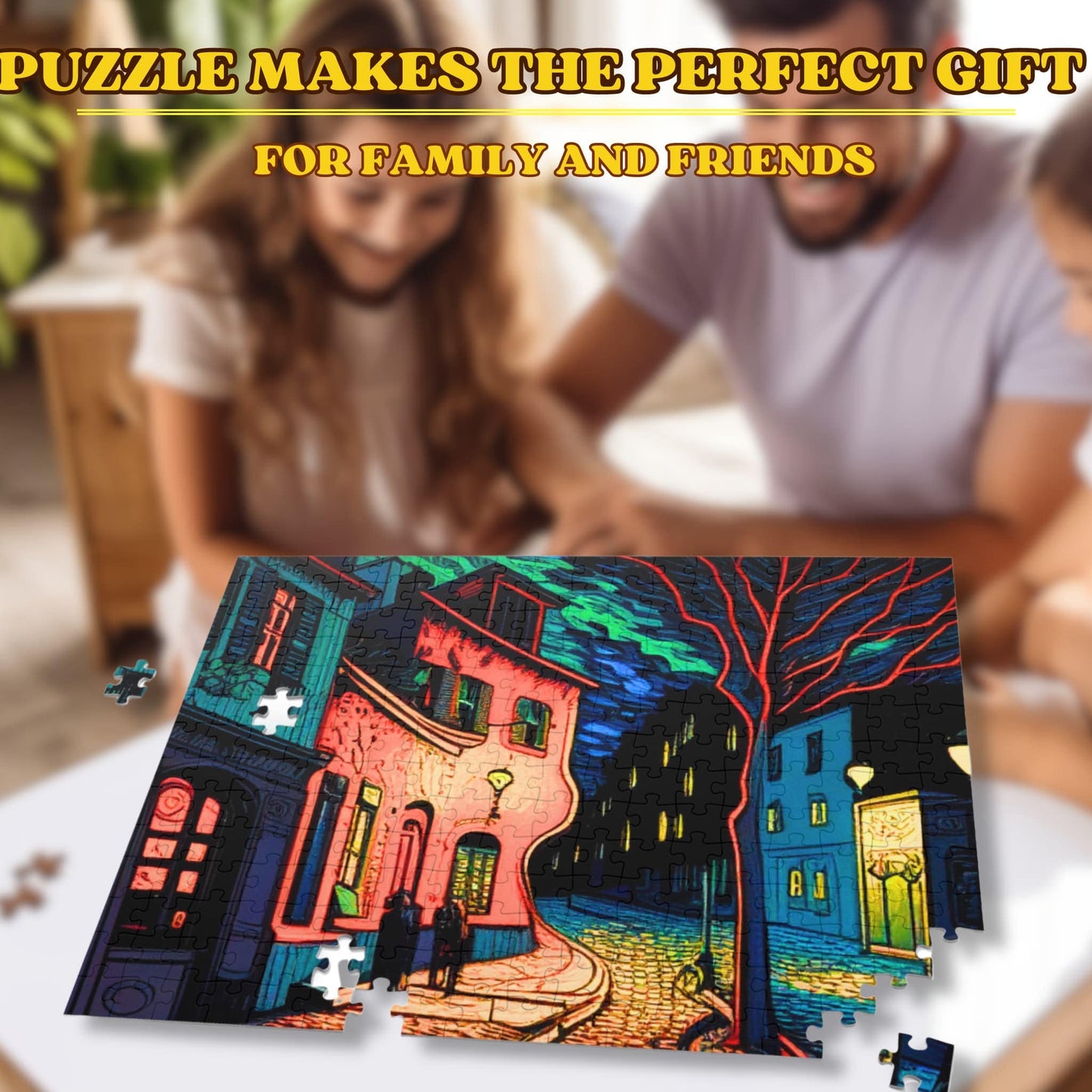 A joyful family engaging with the 500-piece Vincent Van Gogh Starry Night Inspired Cityscape Puzzle, emphasizing its family-friendly appeal.