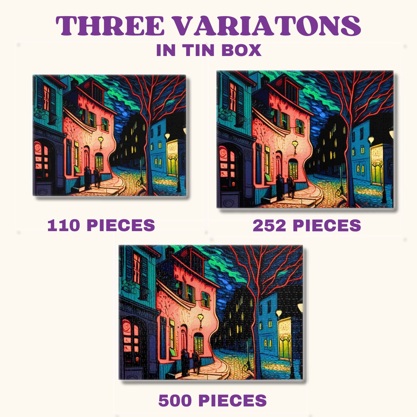 Different design variations of the 500-piece Vincent Van Gogh Starry Night Inspired Cityscape Puzzle, offering aesthetic choices.