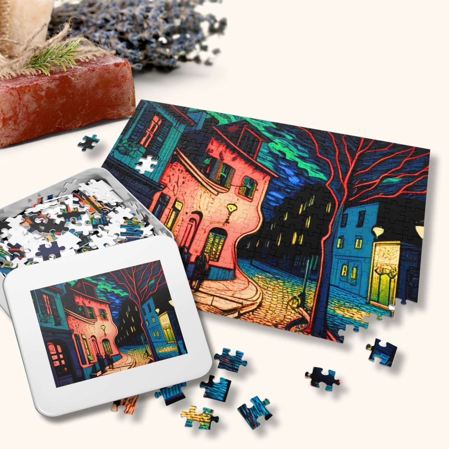 The 500-piece Vincent Van Gogh Starry Night Inspired Cityscape Puzzle next to its packaging, perfect for gifting.
