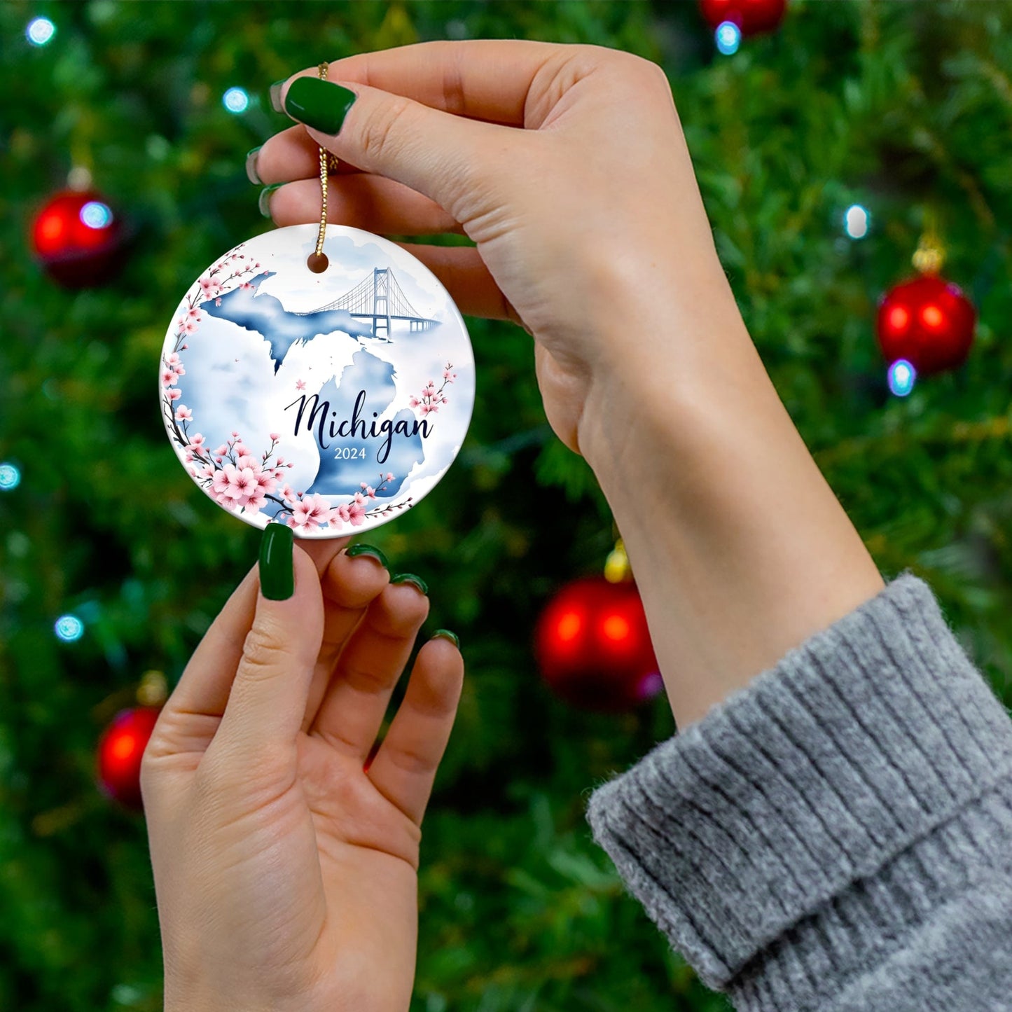 2024 MICHIGAN State Ornament - Blue White Ceramic Circle Bauble (3mm) | Unique Artist-Designed Gift for Christmas, Home Decor, Collectors & Travel Enthusiasts