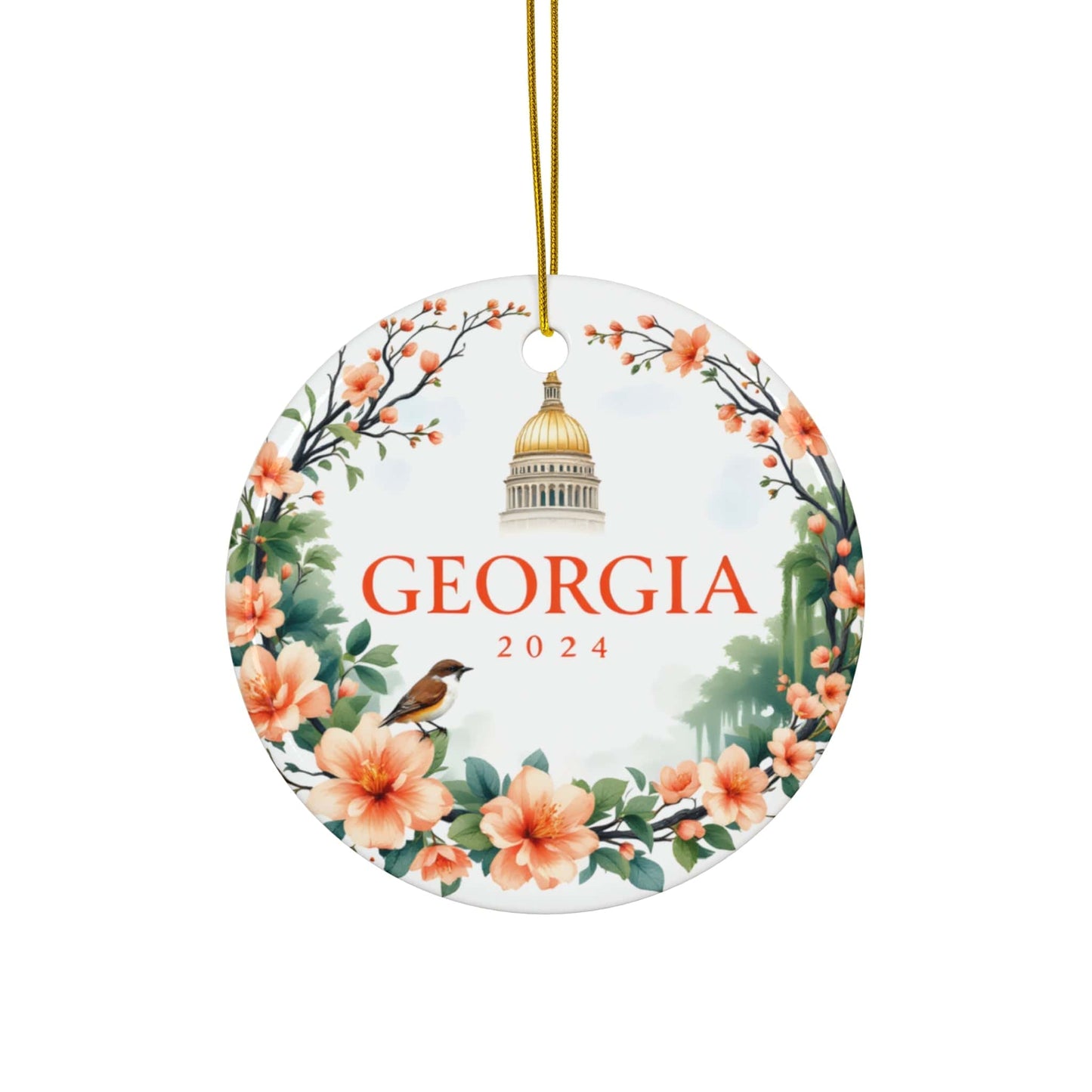 2024 Georgia Peach Ceramic Christmas Ornament - Unique Artist-Designed Flat Circle Bauble (3mm) | Perfect Gift for Family, Friends & Coworkers