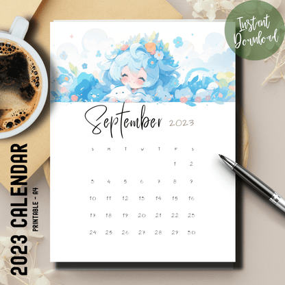 Anime-themed September 2023 printable calendar by Sarsari Creations, perfect for A4-sized paper.