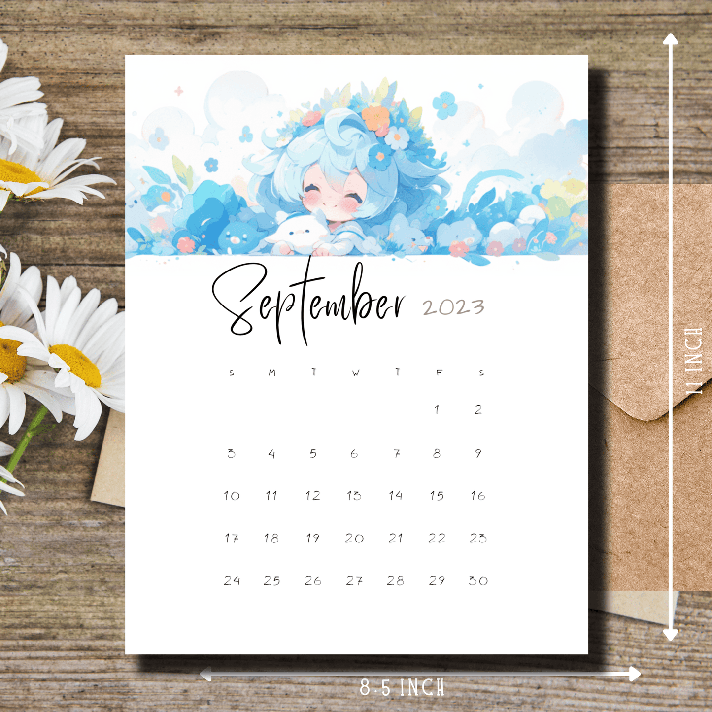 Digital download of Sarsari Creations' September 2023 calendar with unique anime artwork, ready for bullet journal integration