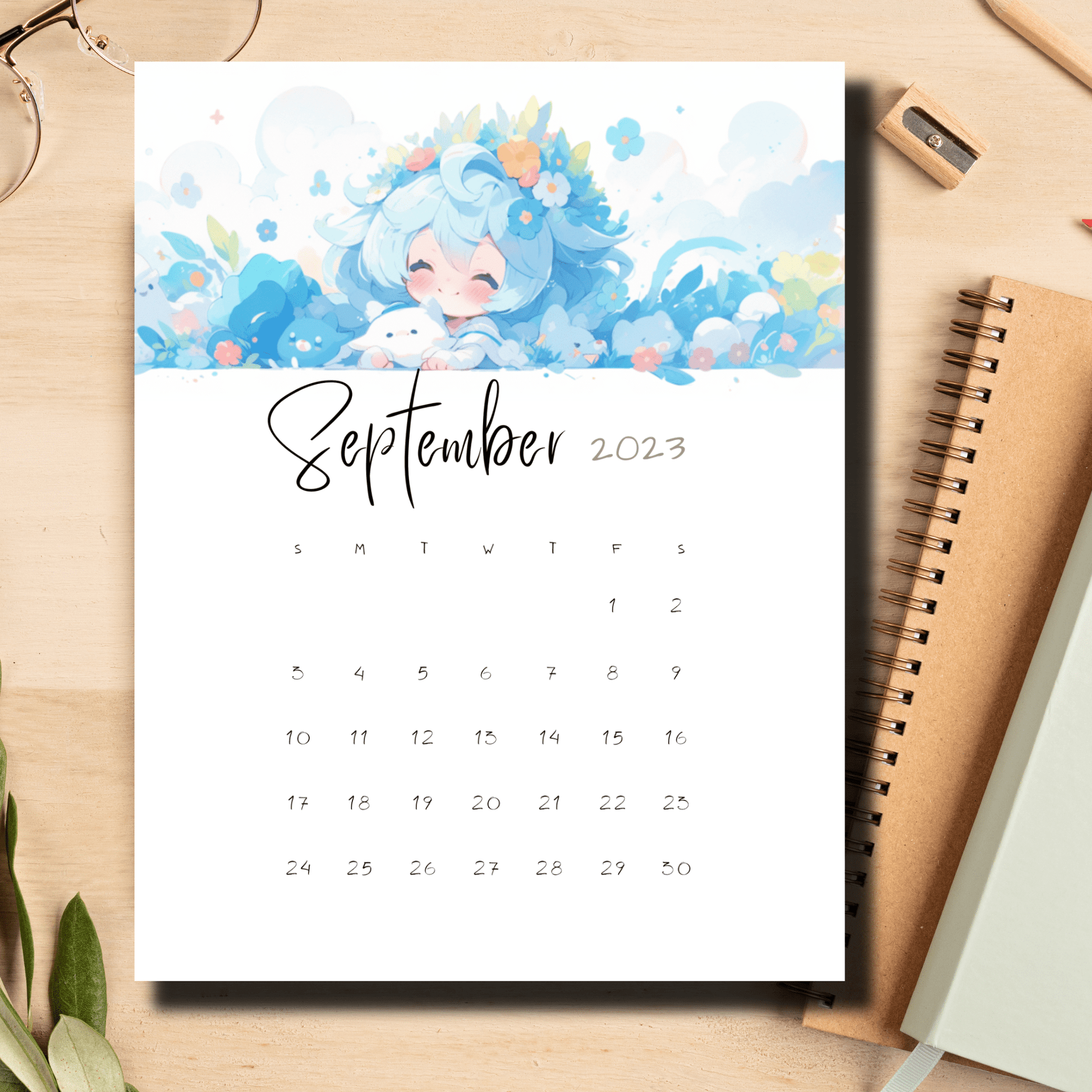 Sarsari Creations' digital calendar for September 2023 showcasing captivating anime illustrations, tailored for A4 printing.