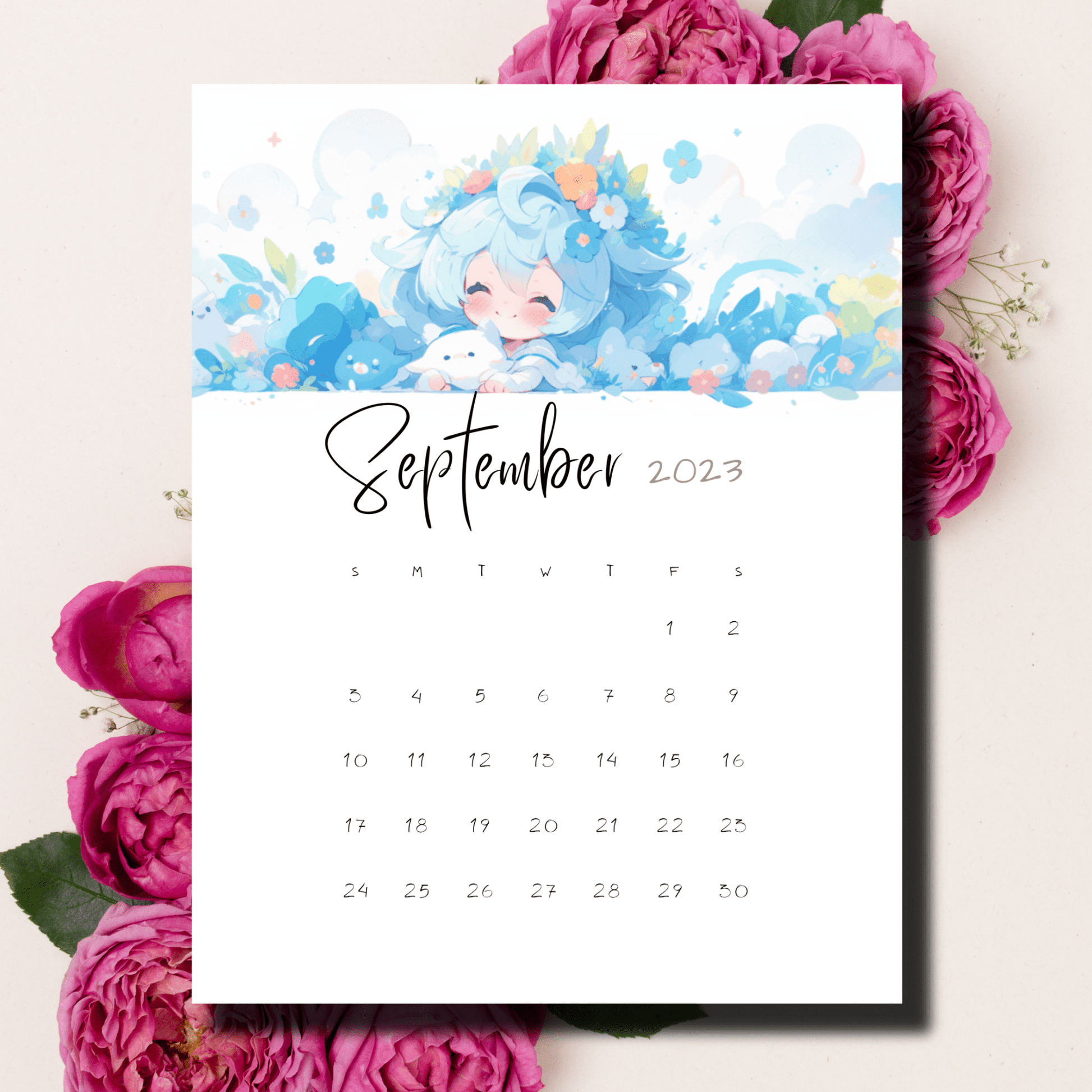 Elegant anime-designed September 2023 calendar in A4 PDF format from Sarsari Creations.