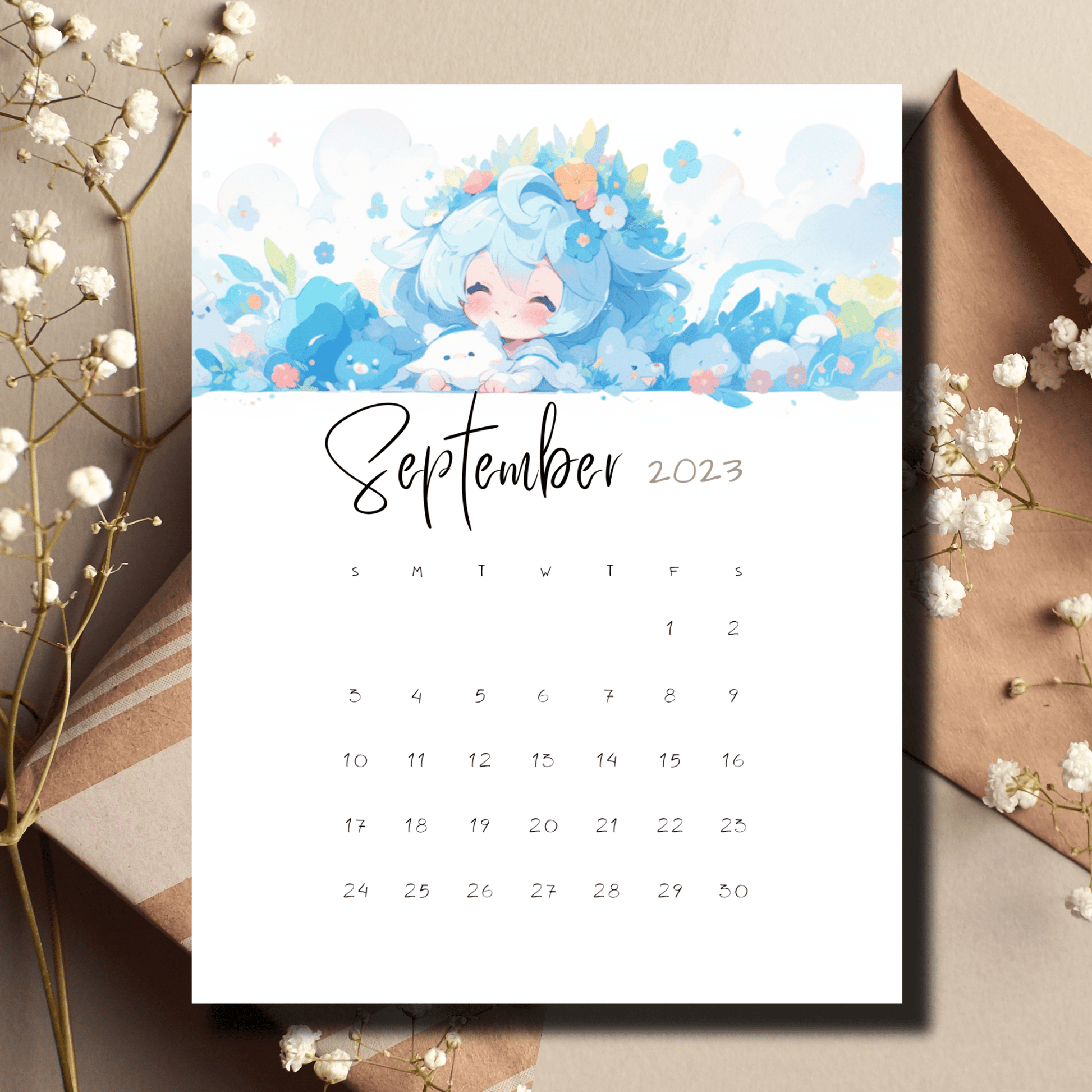 Bullet journal compatible, anime-inspired September 2023 printable calendar by Sarsari Creations in high-resolution PDF