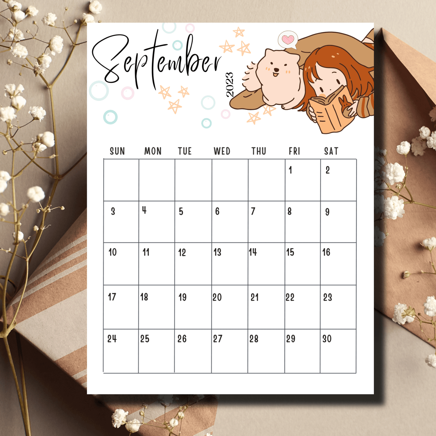 Instantly downloadable September 2023 calendar featuring whimsical chibi designs, aimed at making planning fun for kids.