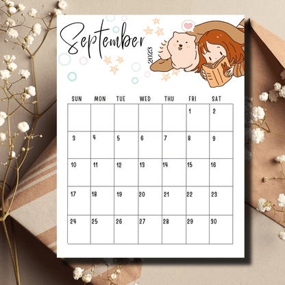 Instantly downloadable September 2023 calendar featuring whimsical chibi designs, aimed at making planning fun for kids.