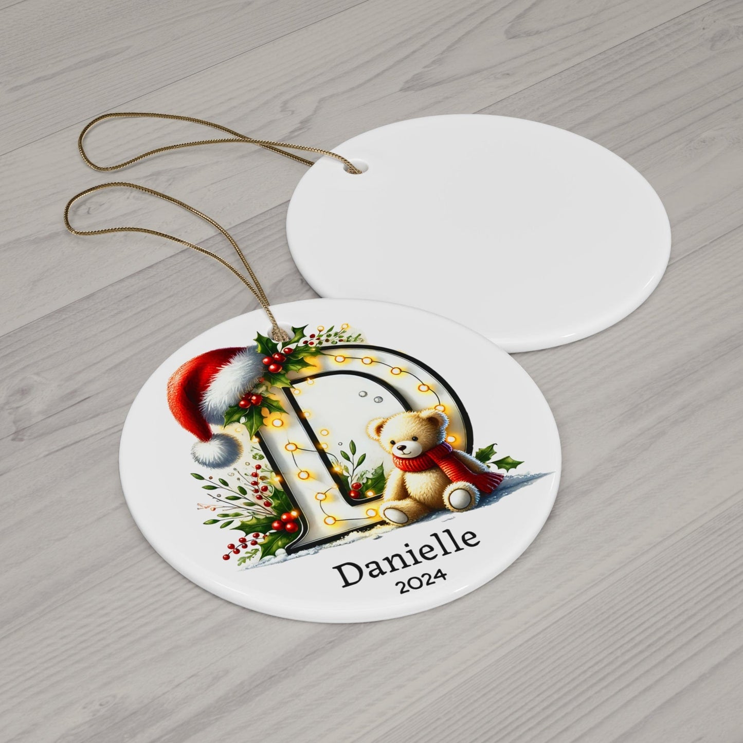 White Golden Letter "D" Bear Name Custom Christmas Ceramic Ornament 2024 (3mm) - Circle Shape | Name Hanging Initials