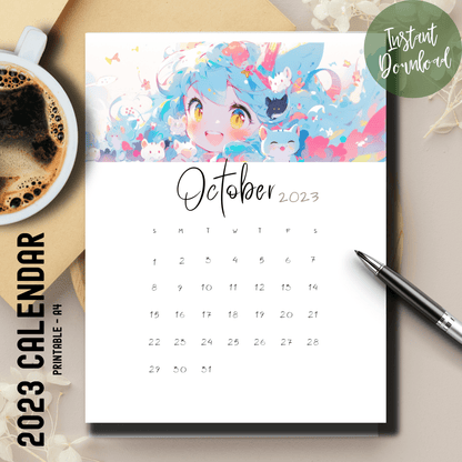 Anime-inspired October 2023 calendar by Sarsari Creations, suitable for A4-sized paper display.