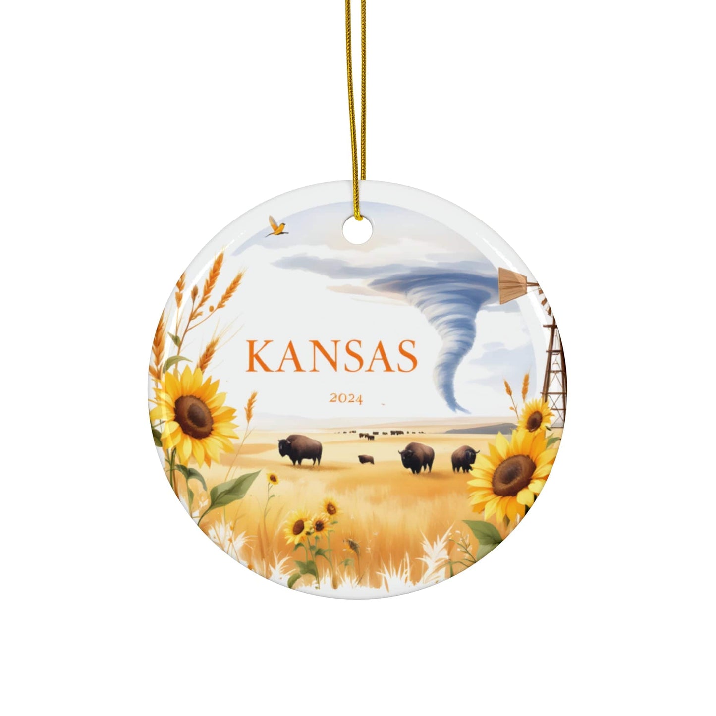 2024 Wheat Gold KANSAS State Ceramic Ornament - Unique Artist-Designed Circle Bauble (3mm) | Year-Round Gift for Home Decor, Collectors & Travel Enthusiasts