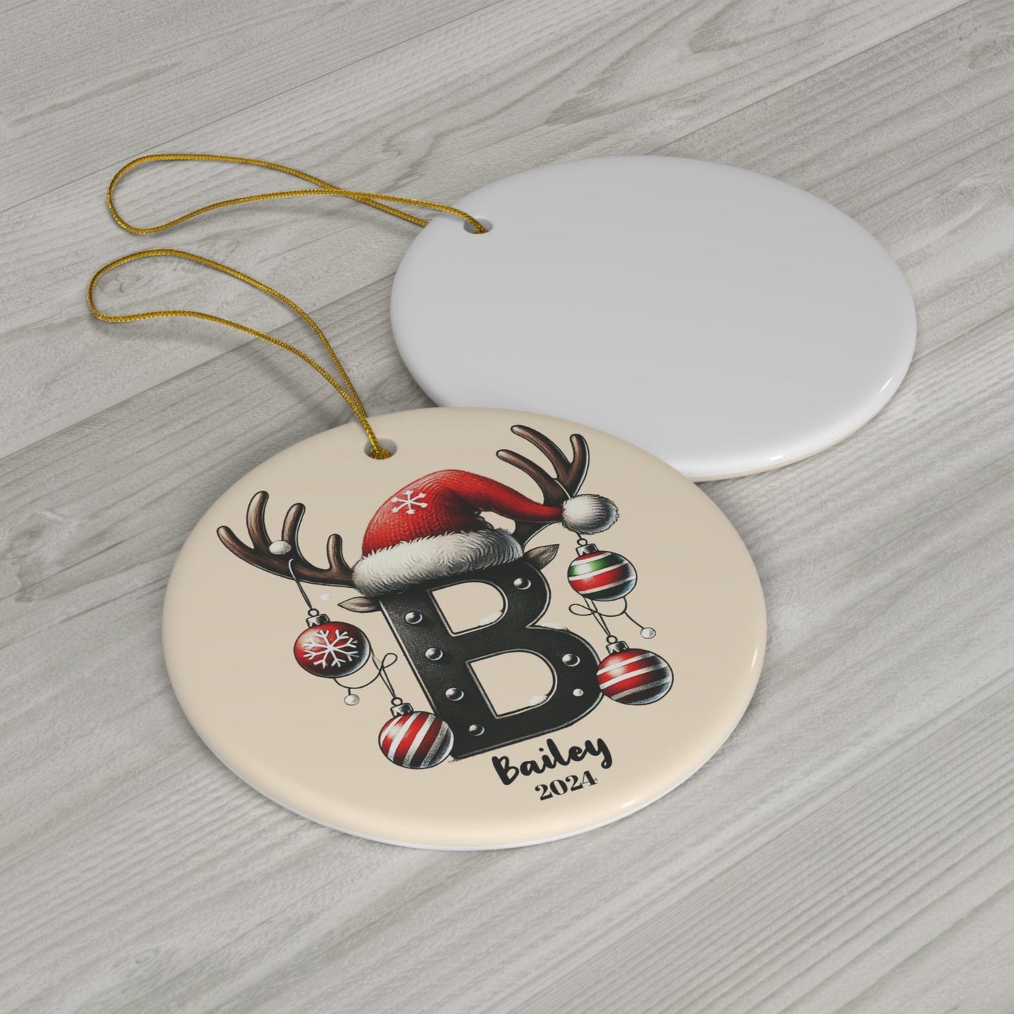 Beige "B" Letter Name Personalized Christmas Porcelain Ornament 2024 (3mm) - Circle Shape | Holiday Keepsake Tree Decoration