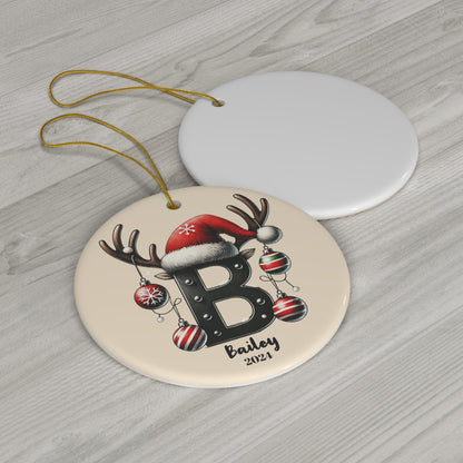 Beige "B" Letter Name Personalized Christmas Porcelain Ornament 2024 (3mm) - Circle Shape | Holiday Keepsake Tree Decoration