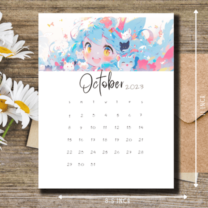 A4-sized October 2023 printable calendar from Sarsari Creations with captivating anime design elements.