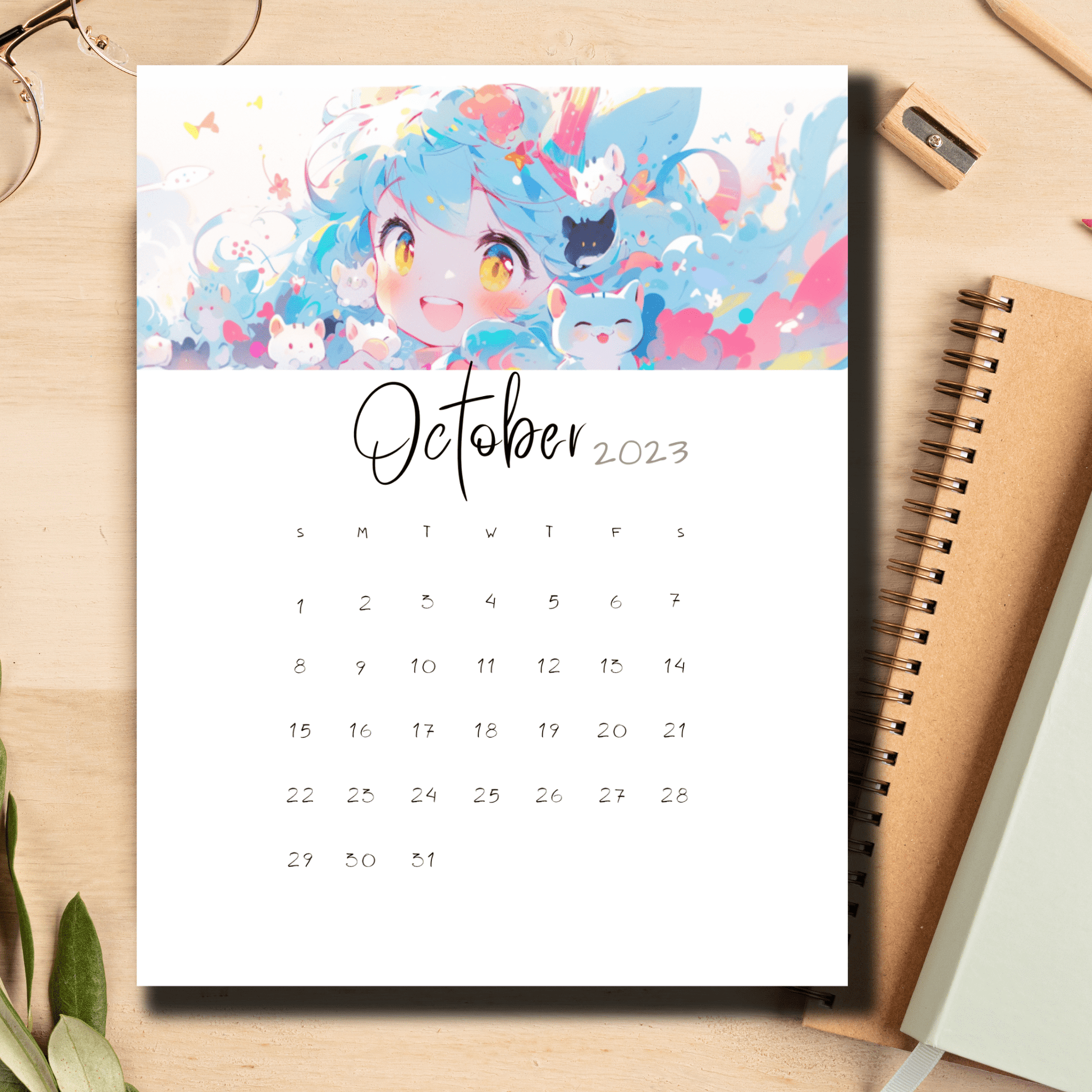 Bullet journal-friendly, anime-themed October 2023 printable calendar by Sarsari Creations in pristine PDF format.