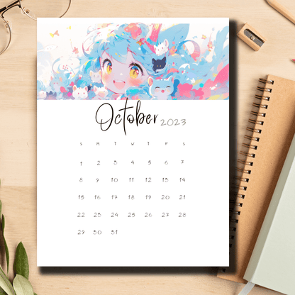 Bullet journal-friendly, anime-themed October 2023 printable calendar by Sarsari Creations in pristine PDF format.