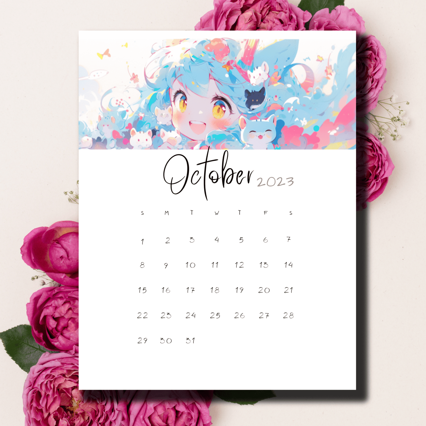 Sarsari Creations' October 2023 calendar, blending the autumnal month with intricate anime designs, ready for A4 printing.