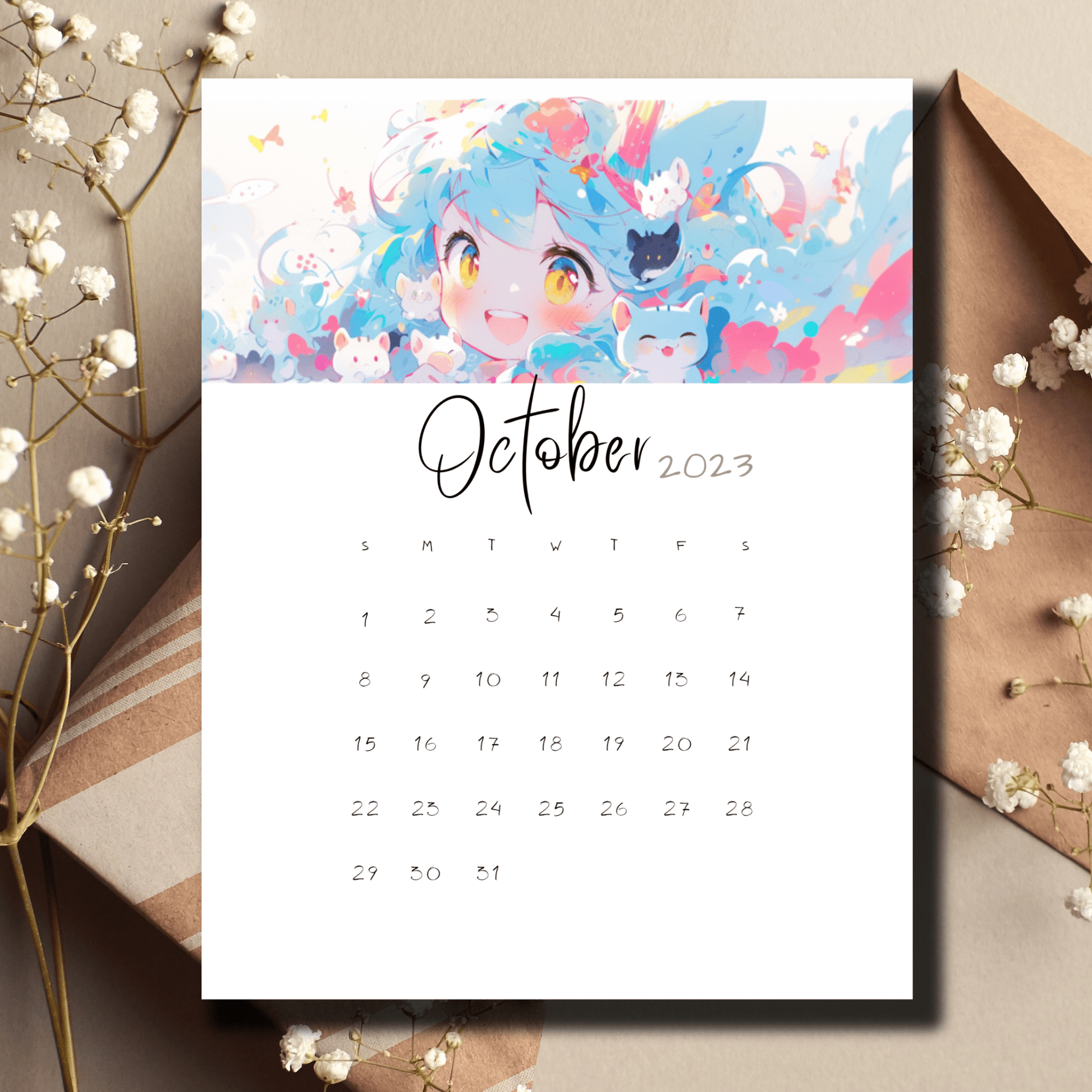 Digital download of Sarsari Creations' October 2023 calendar featuring distinctive anime artwork and bullet journal compatibility.