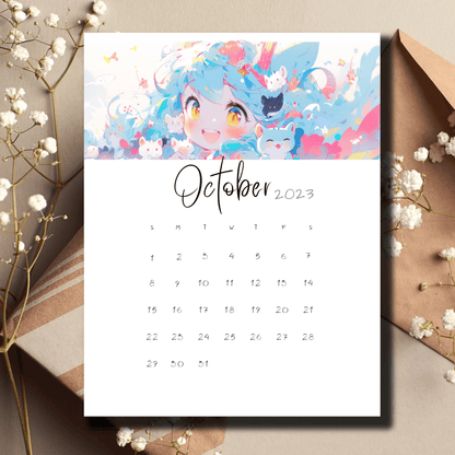 Digital download of Sarsari Creations' October 2023 calendar featuring distinctive anime artwork and bullet journal compatibility.