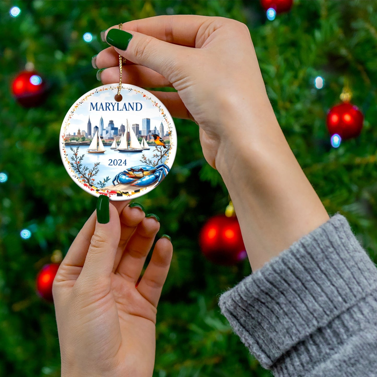 2024 Orange Blue MARYLAND State Ceramic Bauble - Unique Artist-Designed Circle Bauble (3mm) | Unique Artist-Designed Gift for Christmas, Home Decor, Collectors & Travel Enthusiasts