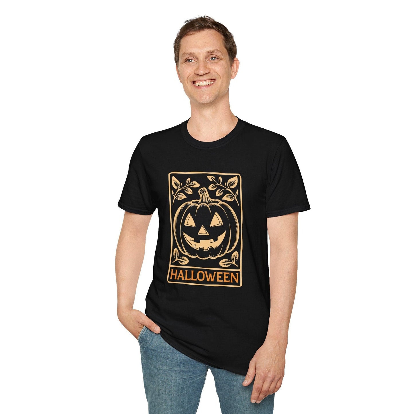 Minimalist Retro Halloween Pumpkin Fall Winter Classic Fit Print Tee Shirt for Women/Men XS-5XL - Black #G6400