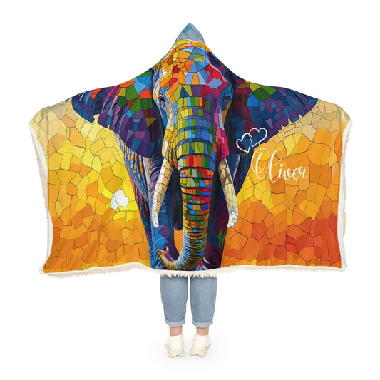 Fleece Sherpa Hoodie African Elephant (203 x 140 cm) with Custom Name - Oversized Wearable Blanket for Her - Stained Glass Effect