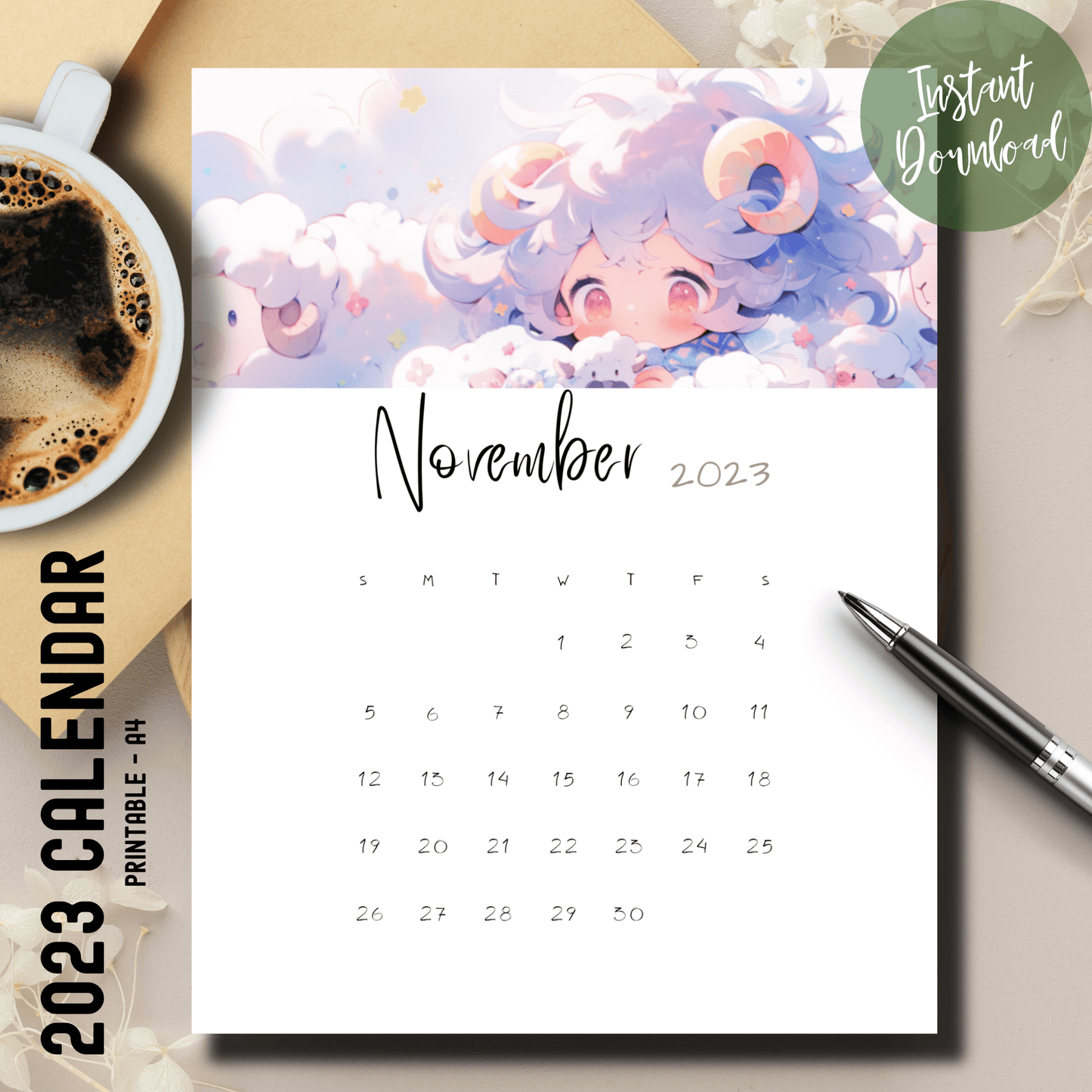 Sarsari Creations' November 2023 calendar with anime-inspired artwork, designed for A4 paper size.