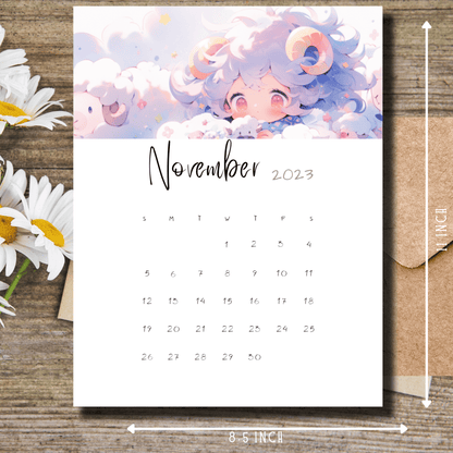 Anime-themed November 2023 digital calendar by Sarsari Creations, perfect for bullet journal enthusiasts wtih size guide.