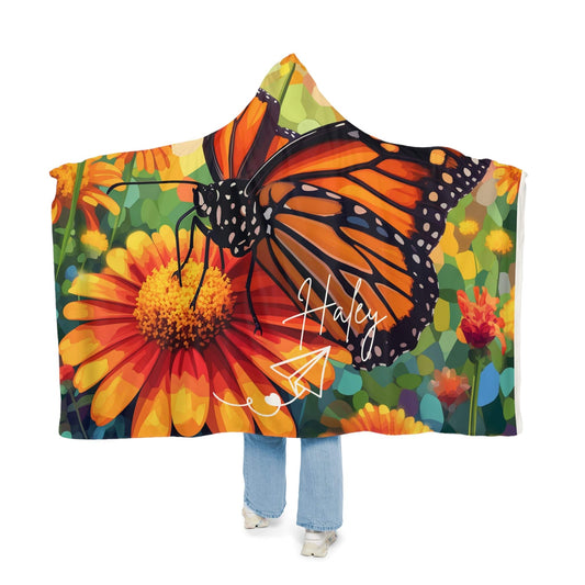 Soft Hooded Blanket Monarch Butterfly (203 x 140 cm) with Custom Name - Oversized Wearable Blanket for Women