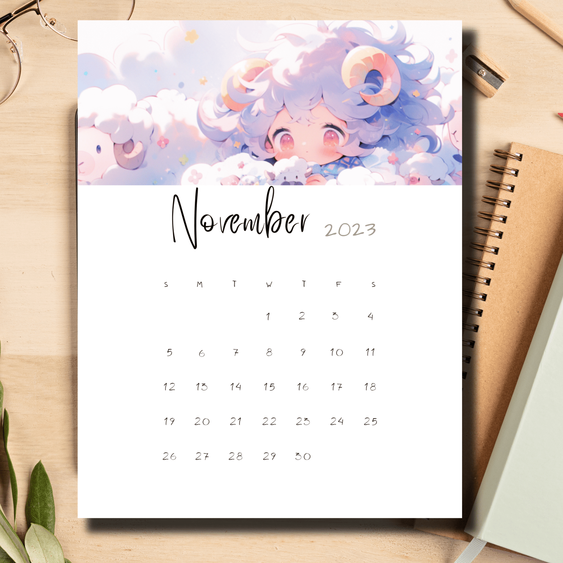 Anime-infused November 2023 calendar by Sarsari Creations, available in A4 PDF for easy printing and bullet journal integration.